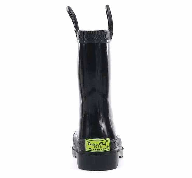 Black rain boot with a visible brand label on a white background, back view