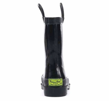 Black rain boot with a visible brand label on a white background, back view