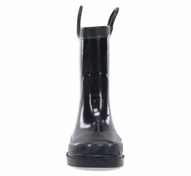 Black rain boot with transparent sole on a white background, front view