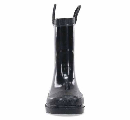 Black rain boot with transparent sole on a white background, front view