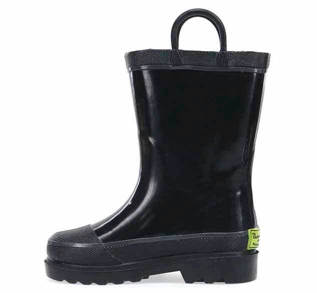 Black rain boot with a handle on a white background