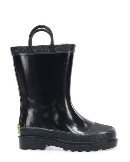 Black rain boot with a handle on a white background
