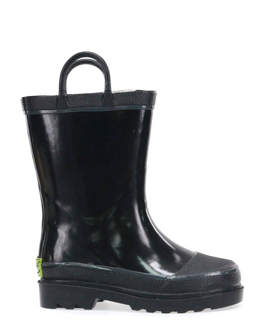 Black rain boot with a handle on a white background