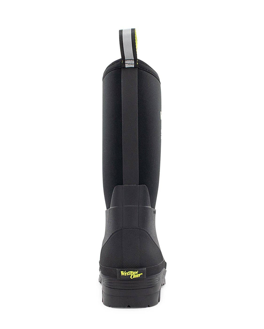 Black rubber boot with a strap on a white background