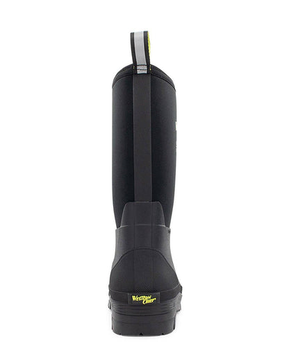 Black rubber boot with a strap on a white background