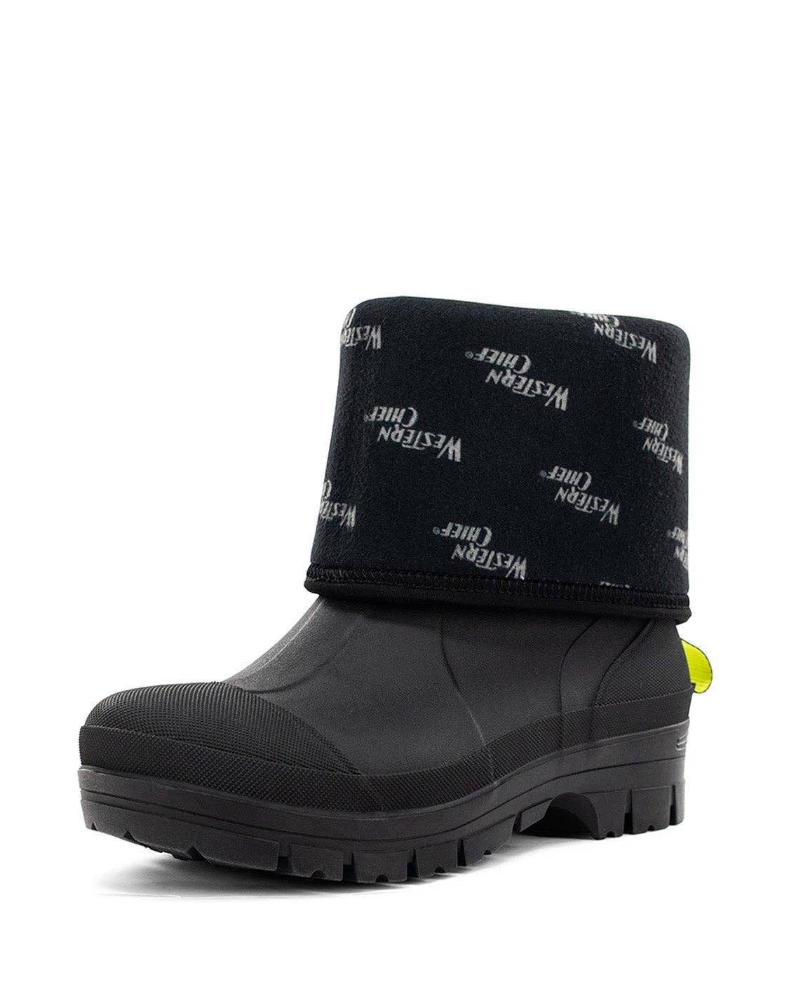 Black rubber boot with a patterned cuff on a white background