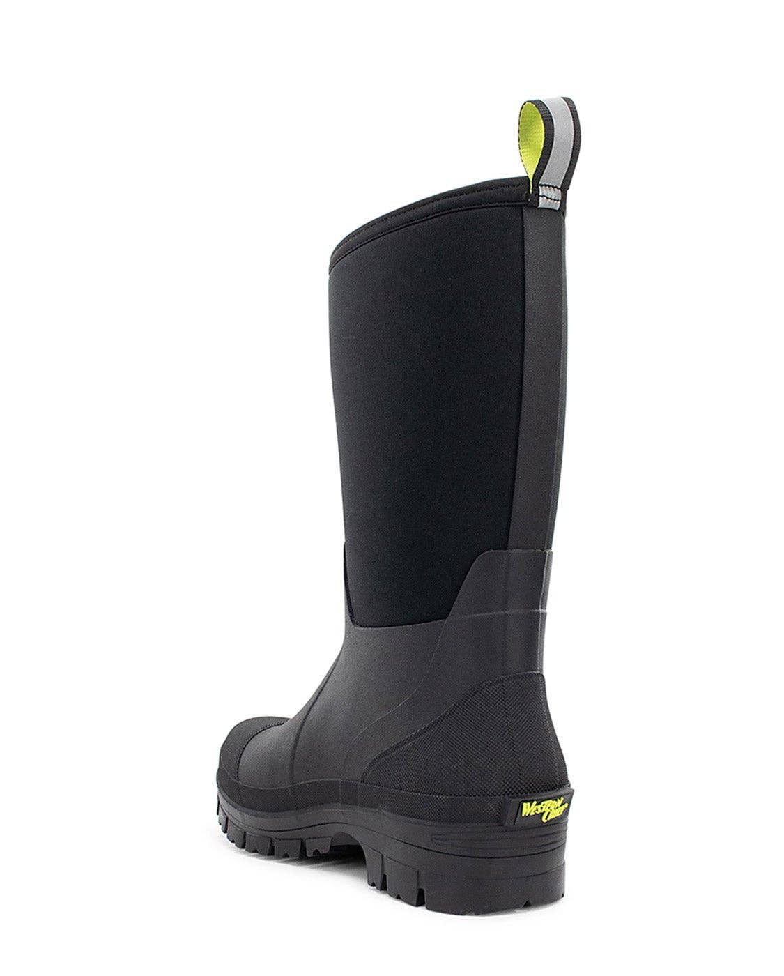 Black rubber boot with yellow logo on a white background