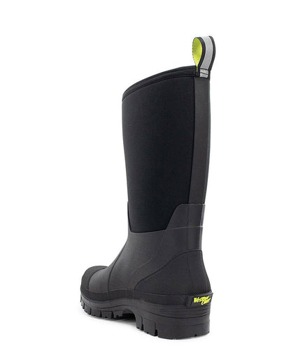Black rubber boot with yellow logo on a white background
