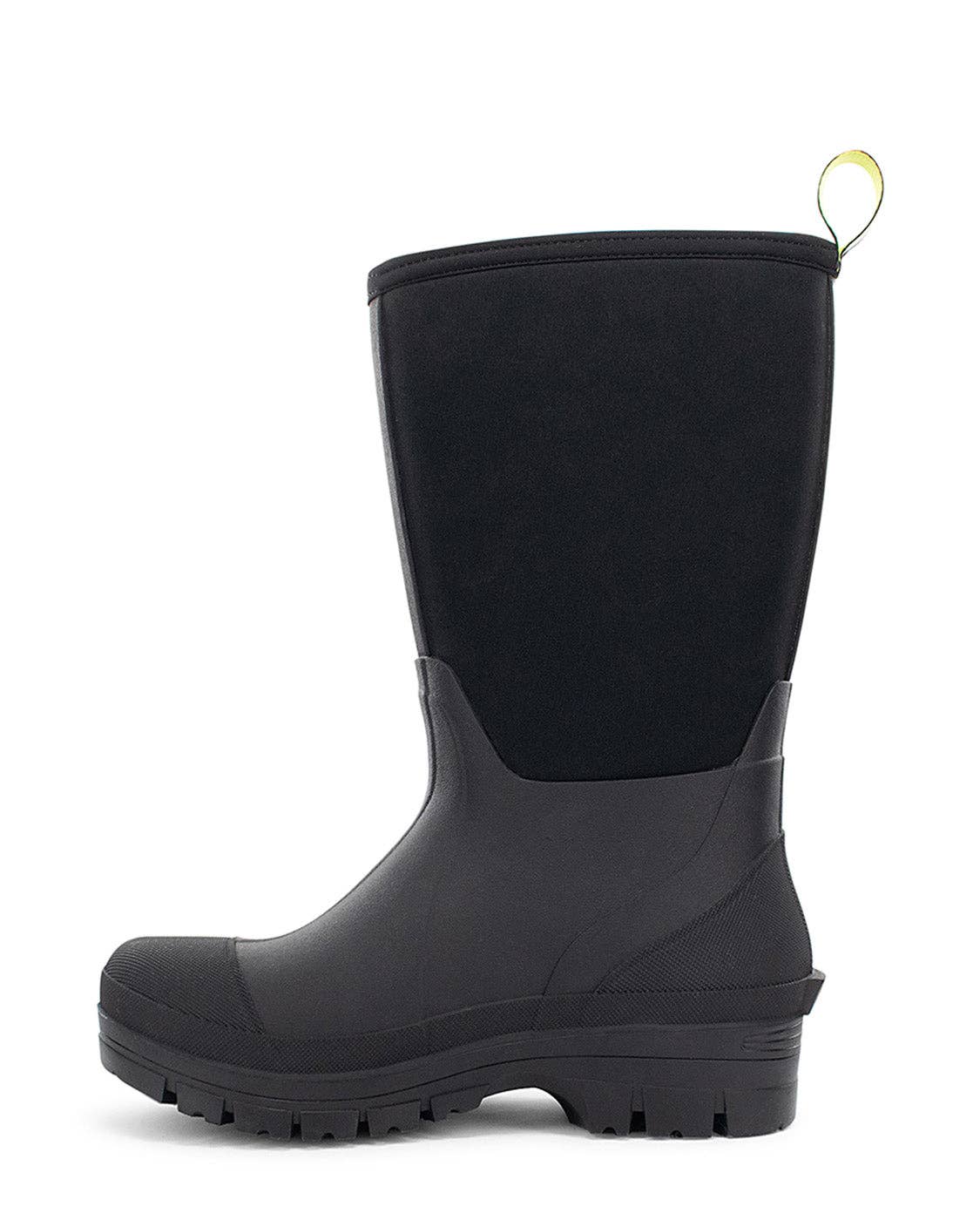 Black rubber boot with a white background