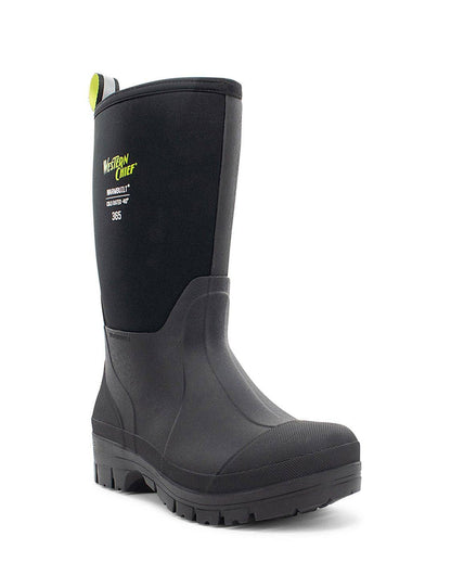 Black and gray rubber boot with a brand logo on a white background