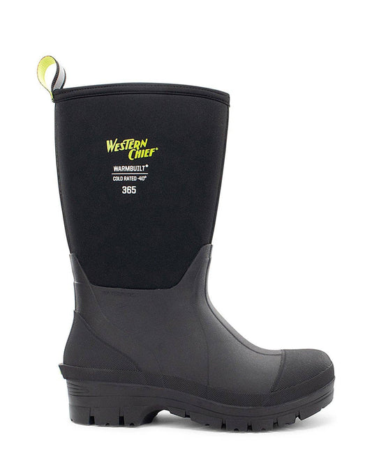 Black rubber boot with yellow text on a white background