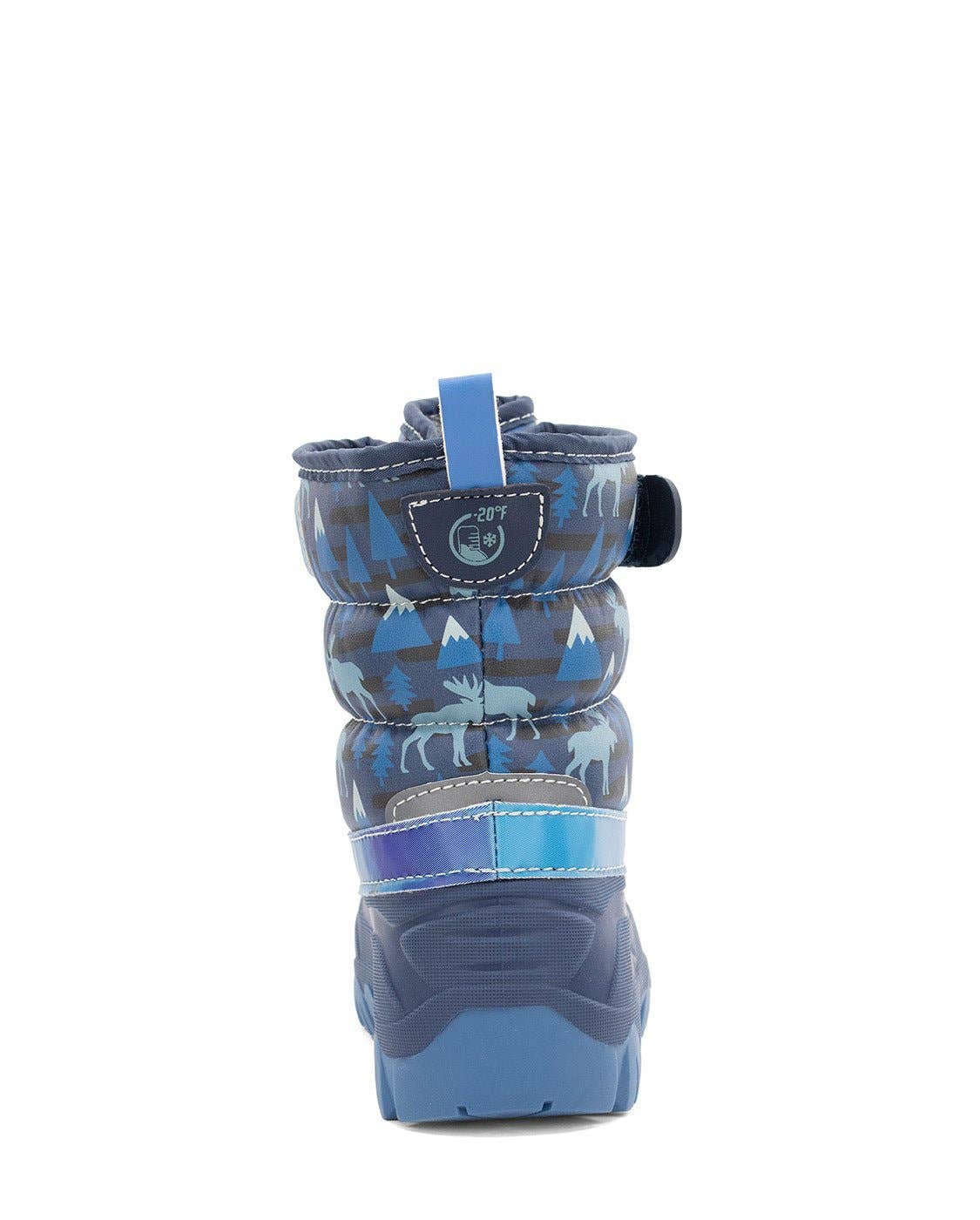 Blue children's snow boot with patterned design on a white background