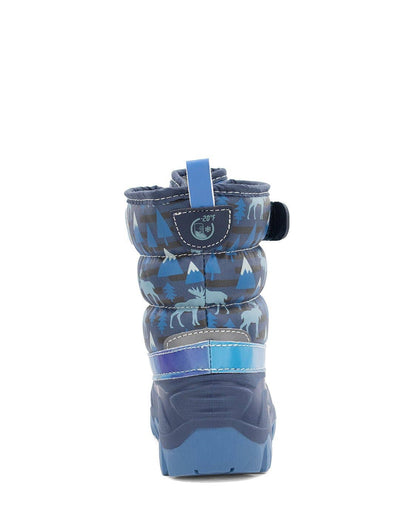 Blue children's snow boot with patterned design on a white background