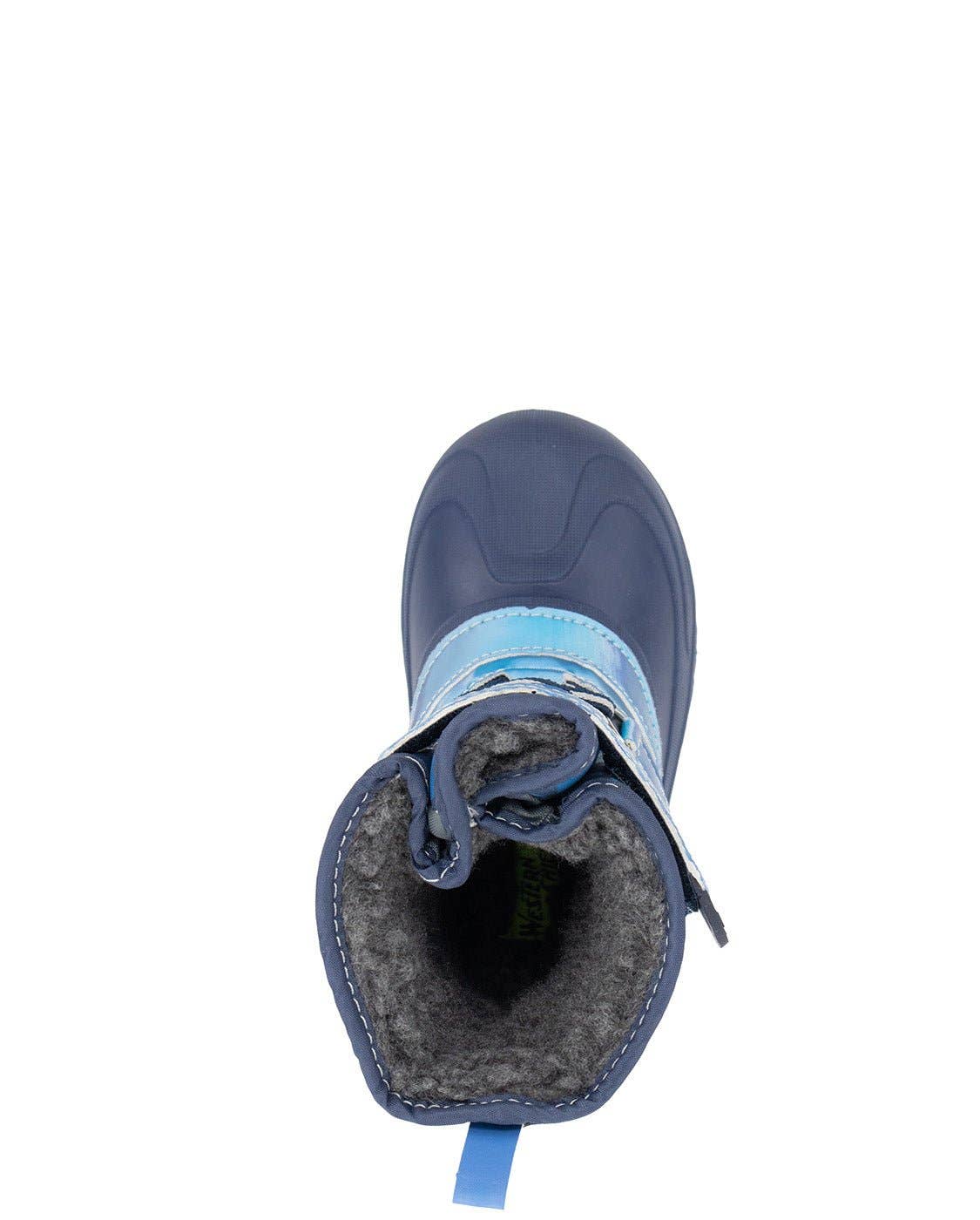Blue winter boot with fur lining on a white background