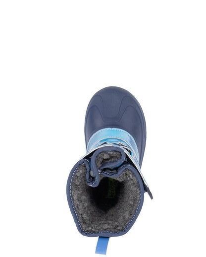 Blue winter boot with fur lining on a white background