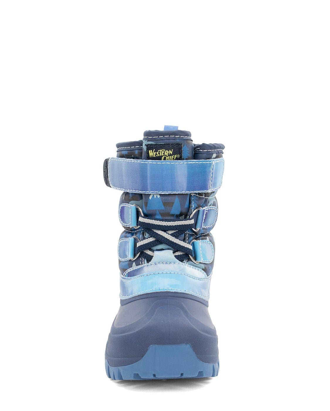 Blue and gray boot with visible brand logo on a white background from front view