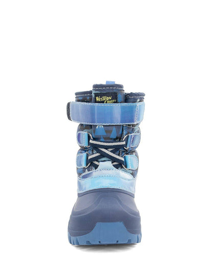 Blue and gray boot with visible brand logo on a white background from front view