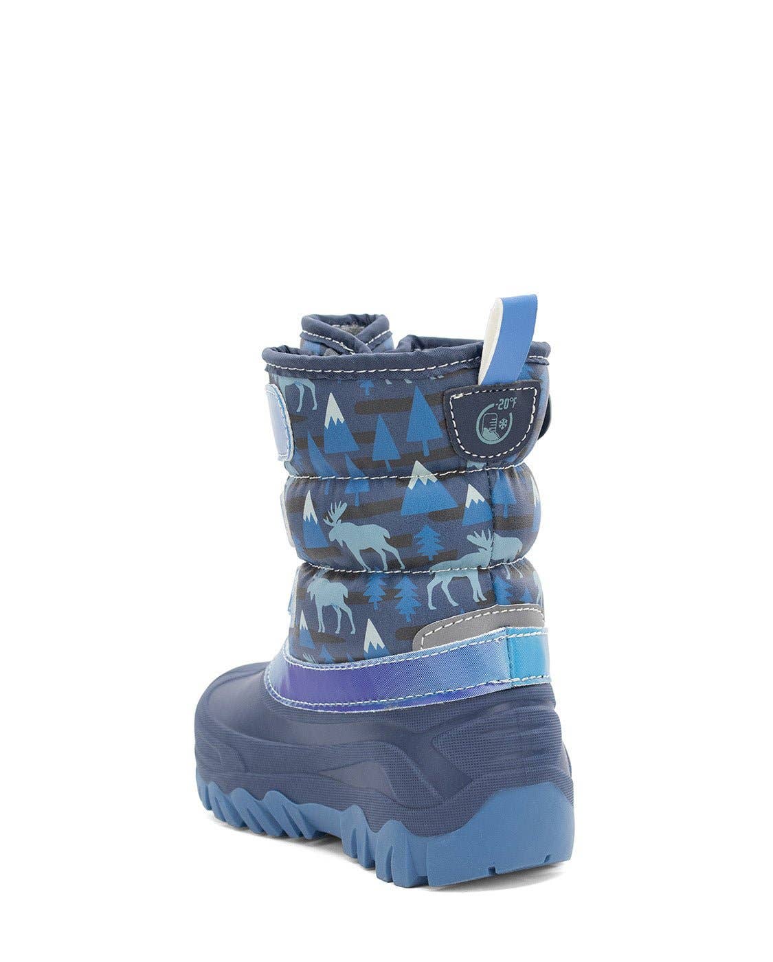 Blue children's snow boot with pattern on a white background