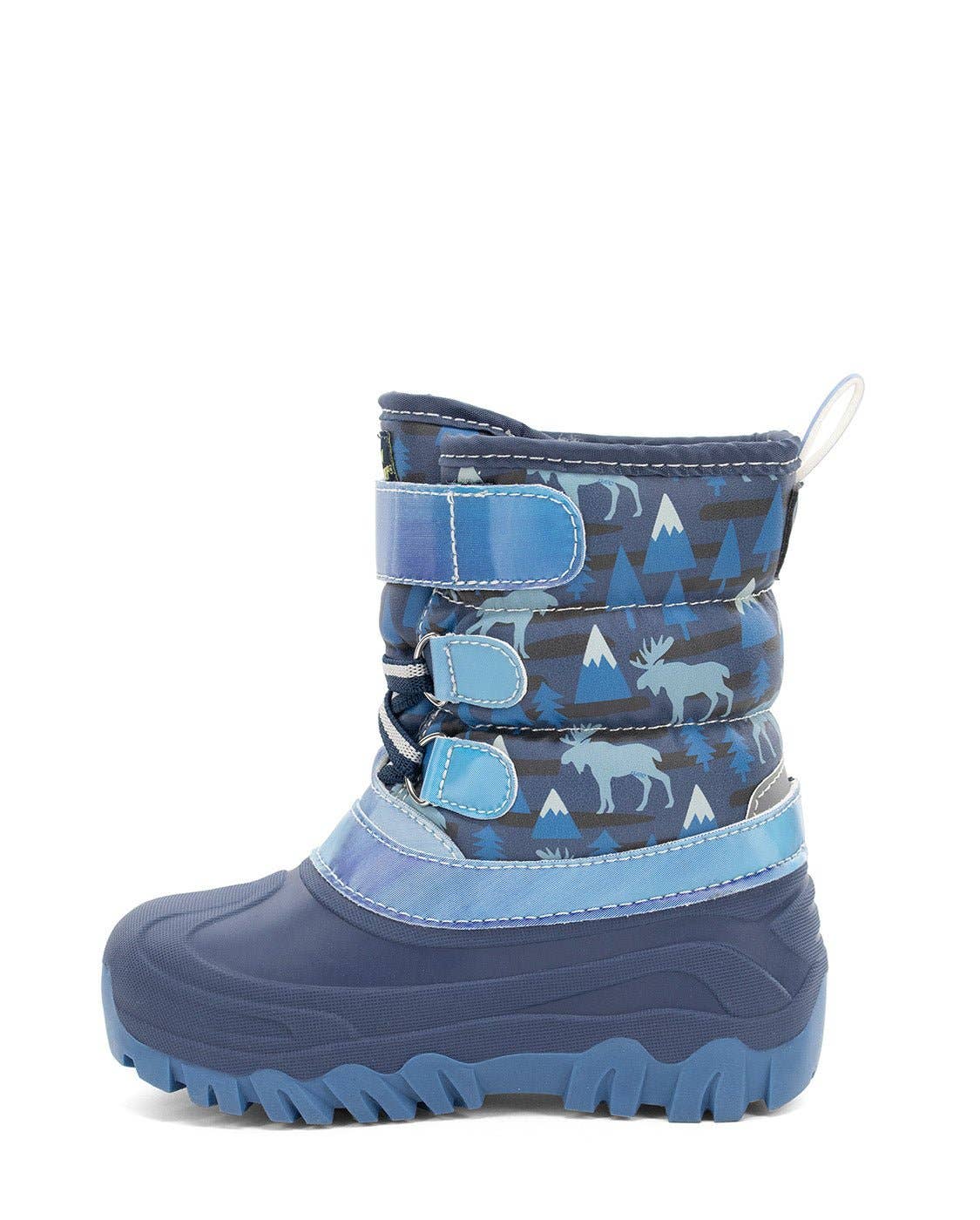 Blue children's snow boot with pattern on a white background from left side view