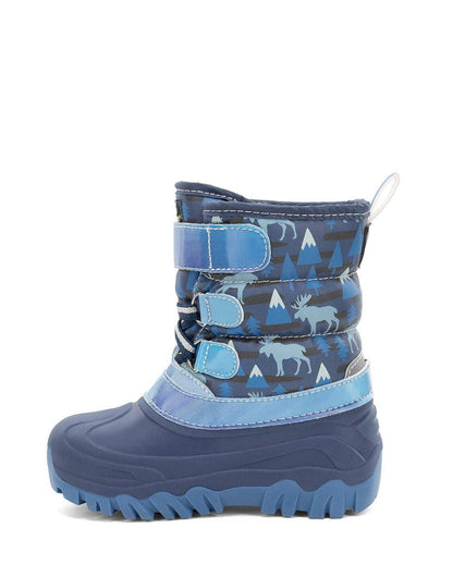 Blue children's snow boot with pattern on a white background from left side view