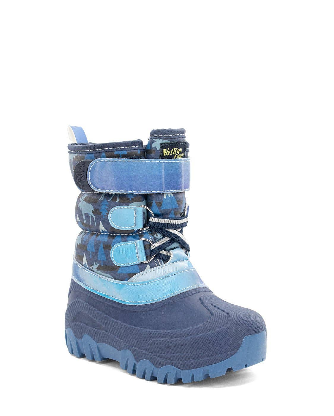 Blue and gray winter boot with a visible brand logo on a white background