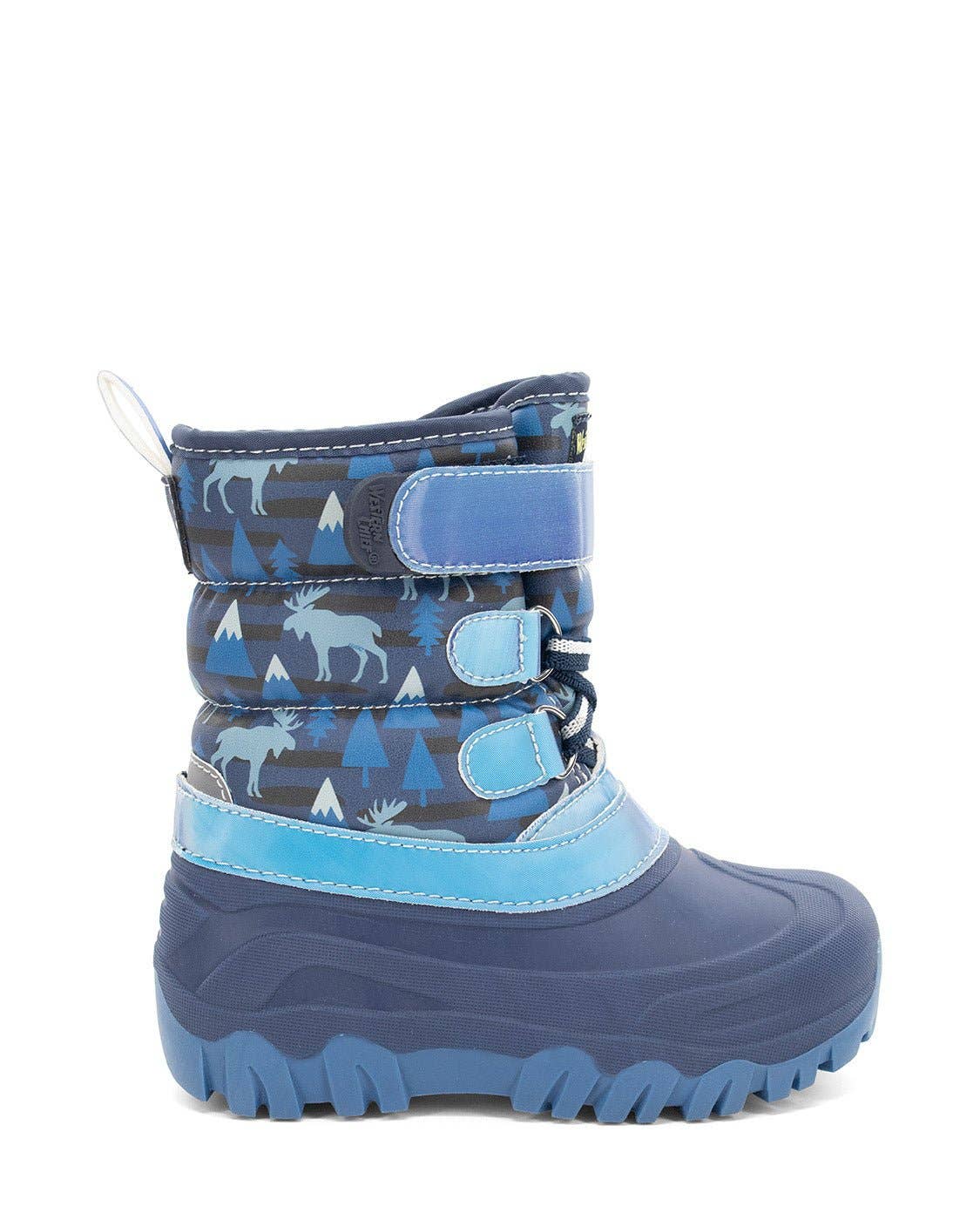 Blue children's snow boot with moose and tree pattern on a white background from right side view