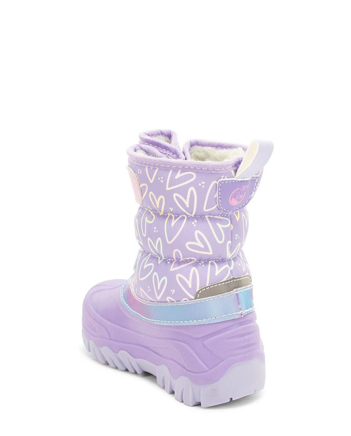 Purple children's snow boot with heart patterns back diagonal view on a white background