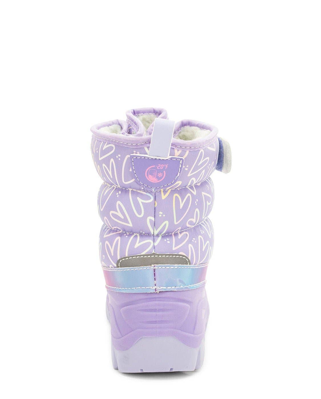 Purple children's boot with heart patterns back view on a white background