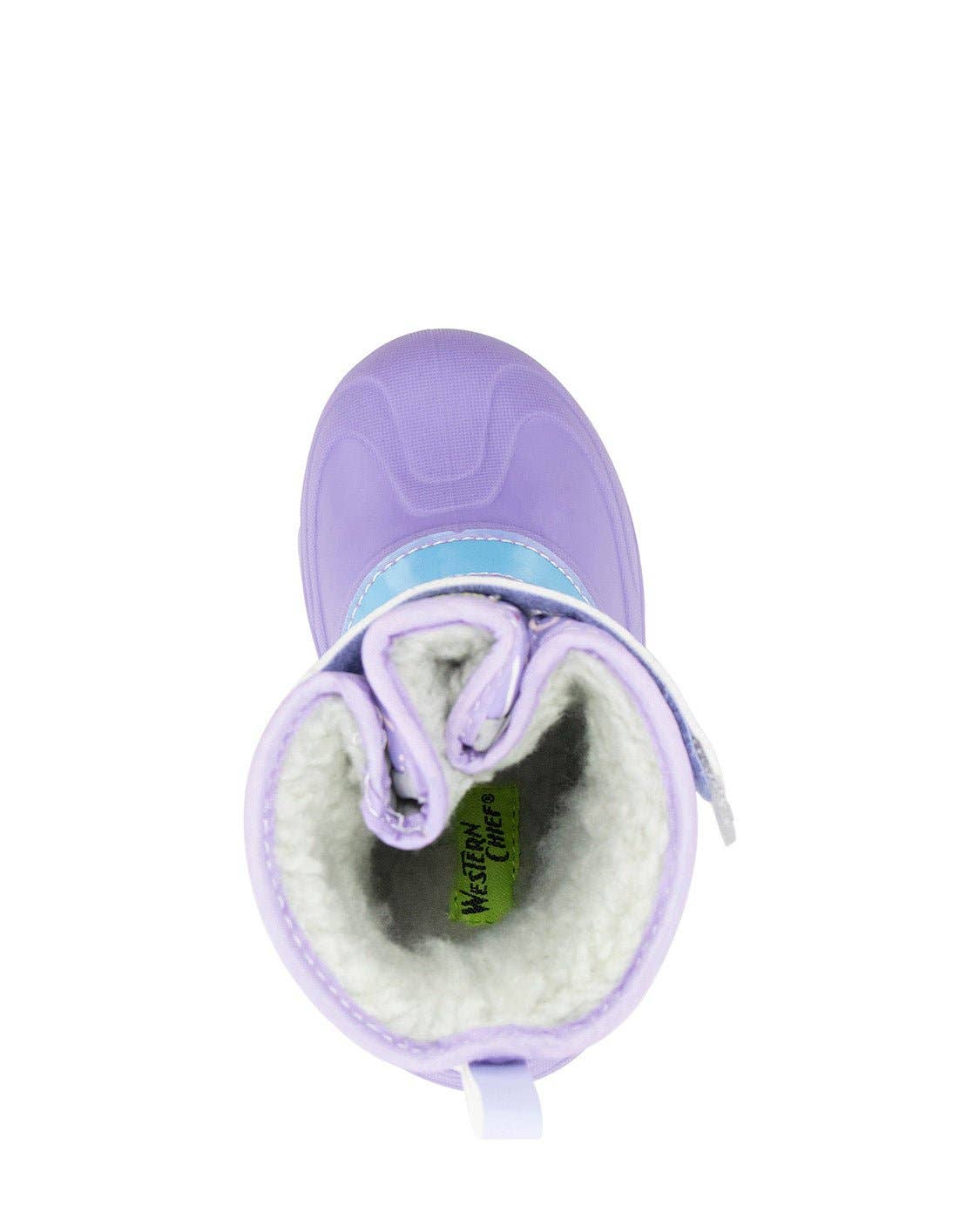 Purple children's boot with white fur lining on a white background from birdseye view