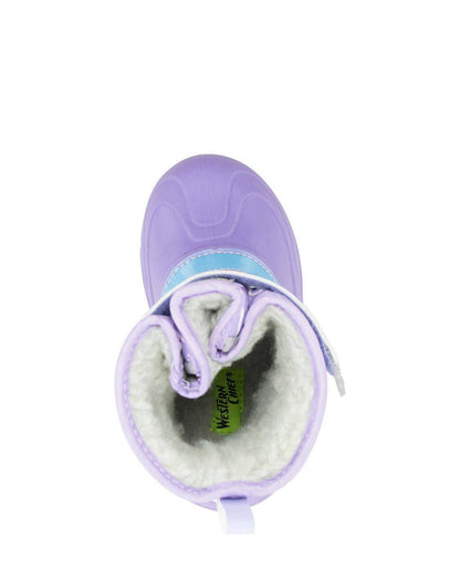 Purple children's boot with white fur lining on a white background from birdseye view