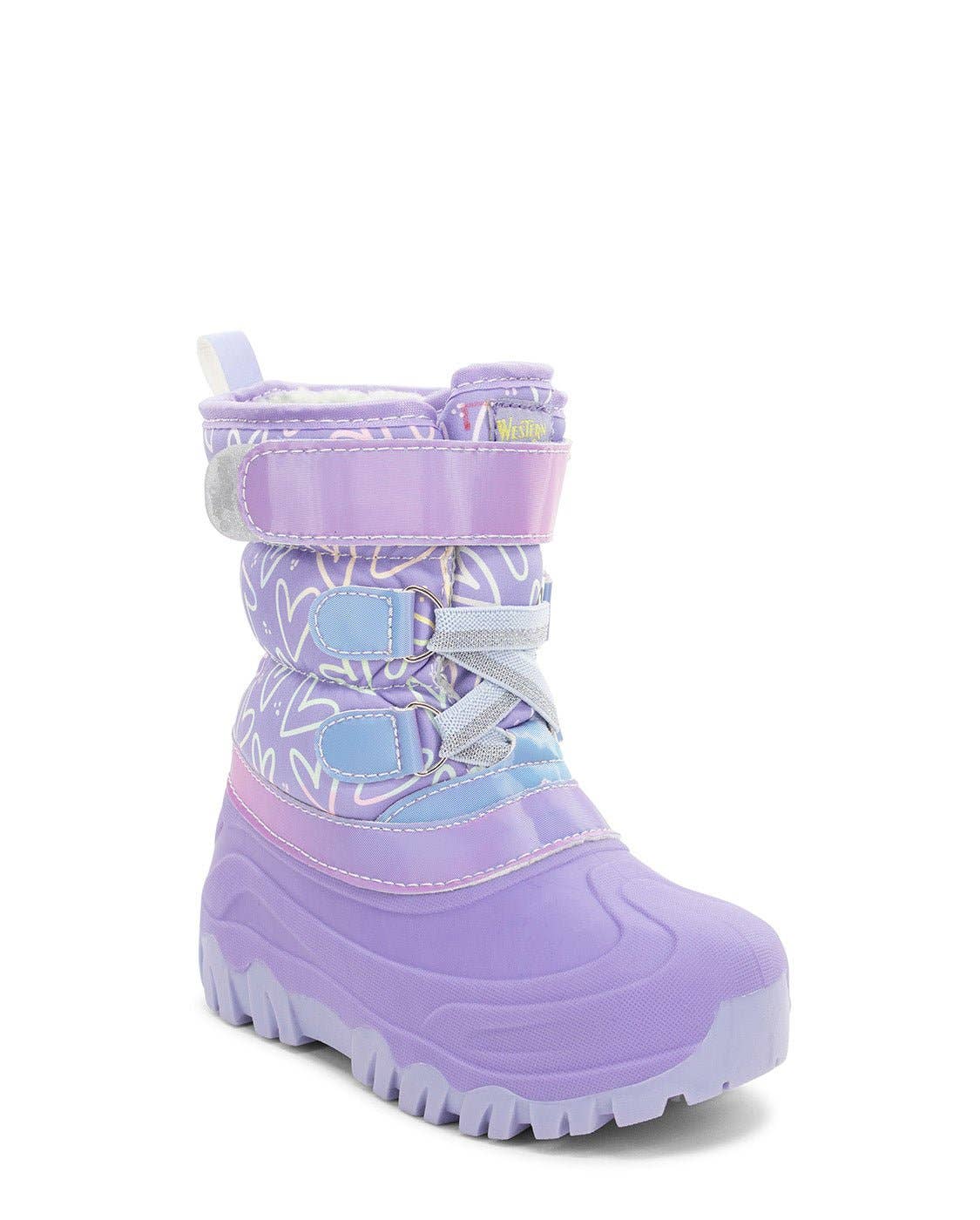 Purple children's snow boot diagonal view with patterned design on a white background