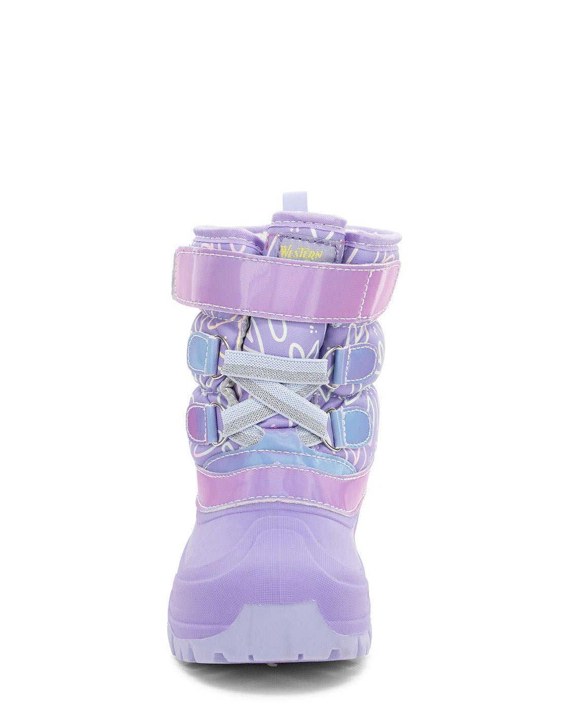 Purple and pink winter boot with multiple straps on a white background