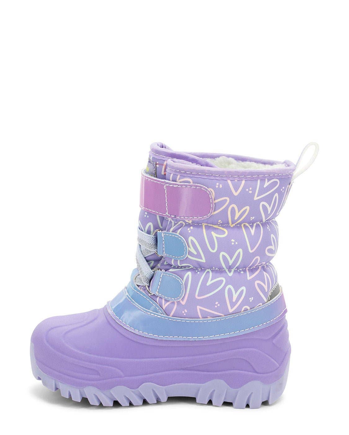Purple children's boot with heart pattern left side view on a white background