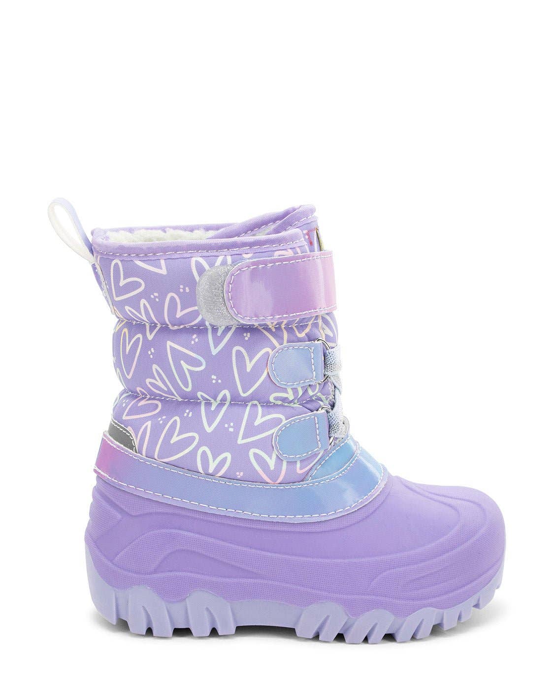 Purple children's boot with heart pattern on a white background