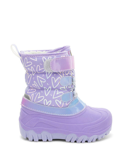 Purple children's boot with heart pattern on a white background