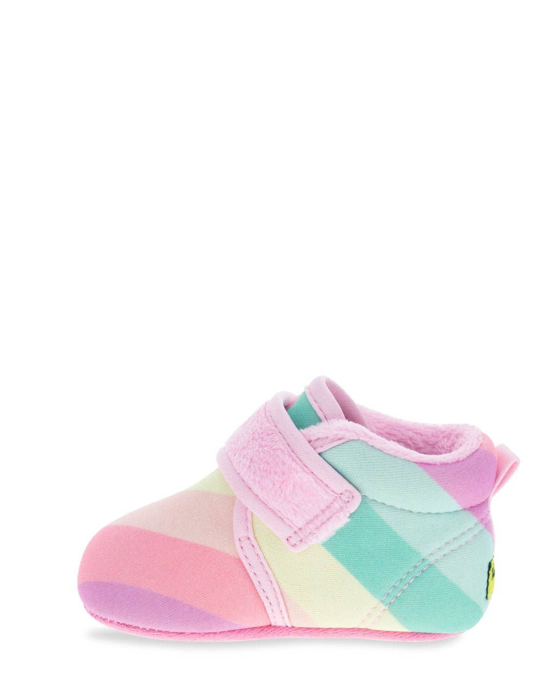 Colorful baby shoe with a pink strap on a white background