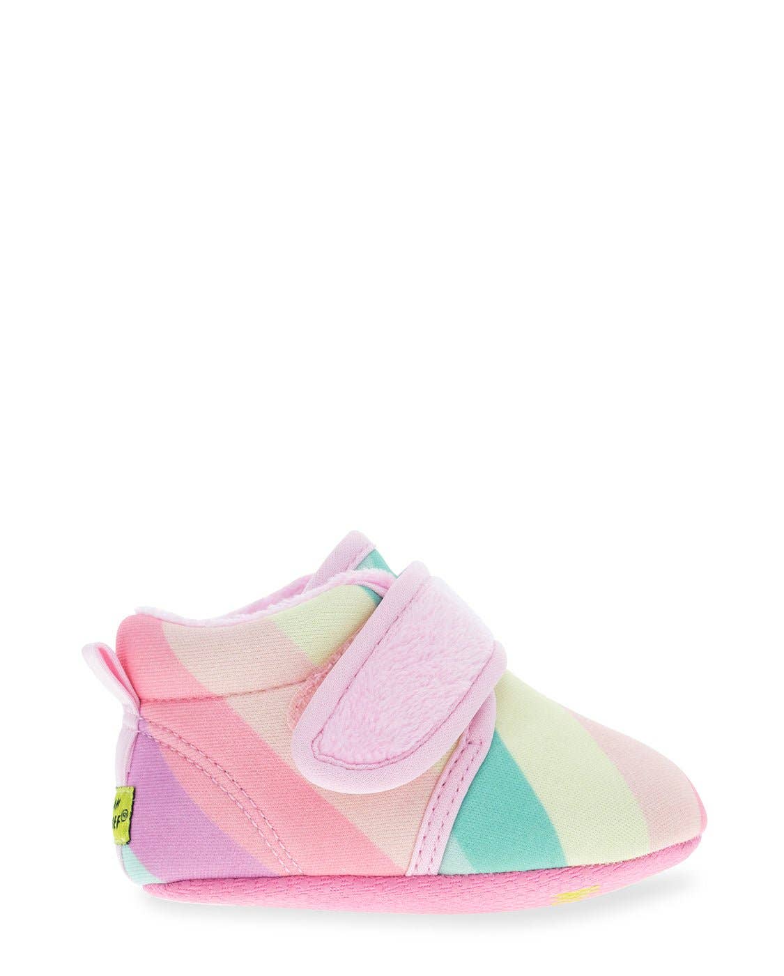 Colorful baby shoe with a pink strap on a white background