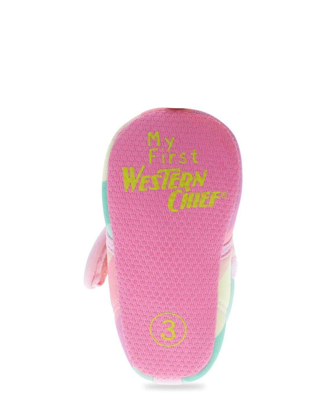 Pink sandal with 'My First Western Chief' text on a white background