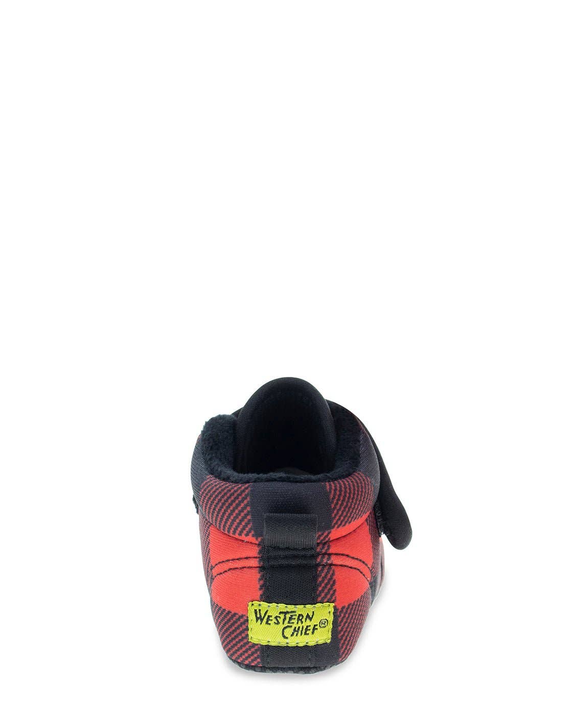 Red and black checkered slipper with a yellow label on a white background