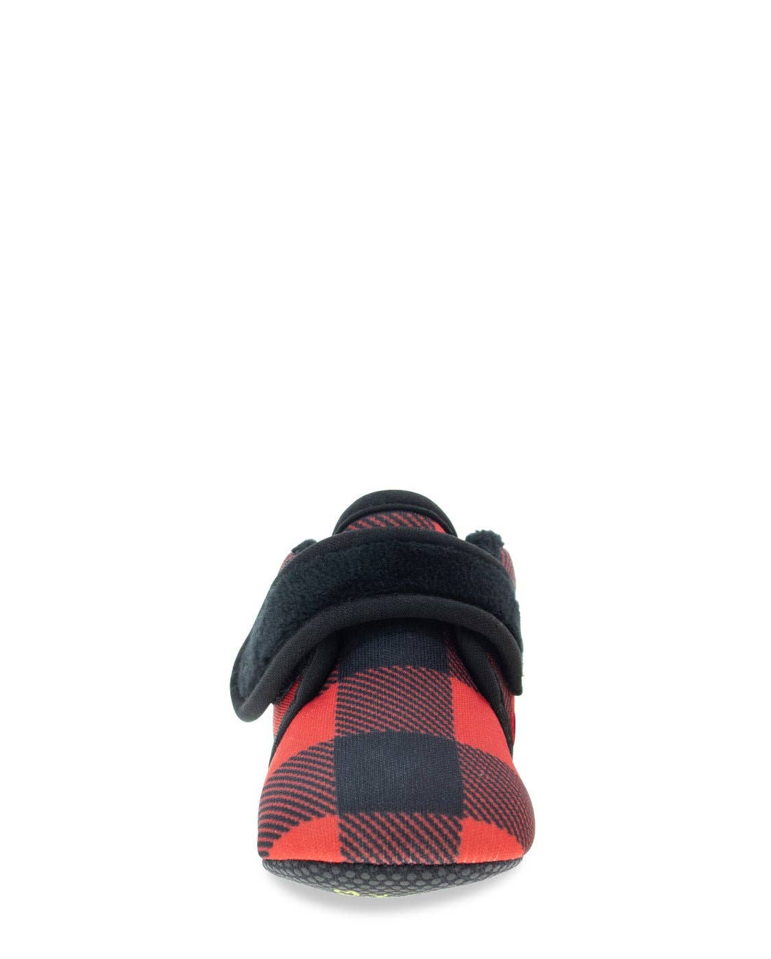 Red and black checkered slipper with a black strap on a white background