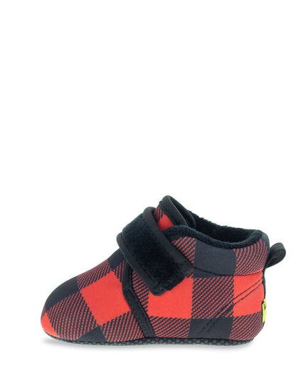Red and black checkered baby shoe with a strap on a white background