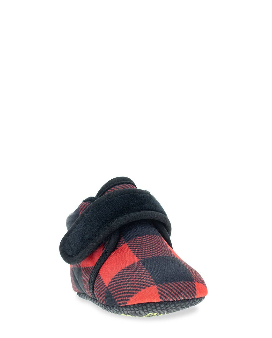 Red and black checkered shoe with a strap on a white background