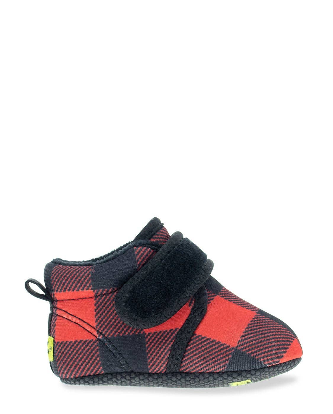 Red and black checkered baby shoe with a strap on a white background