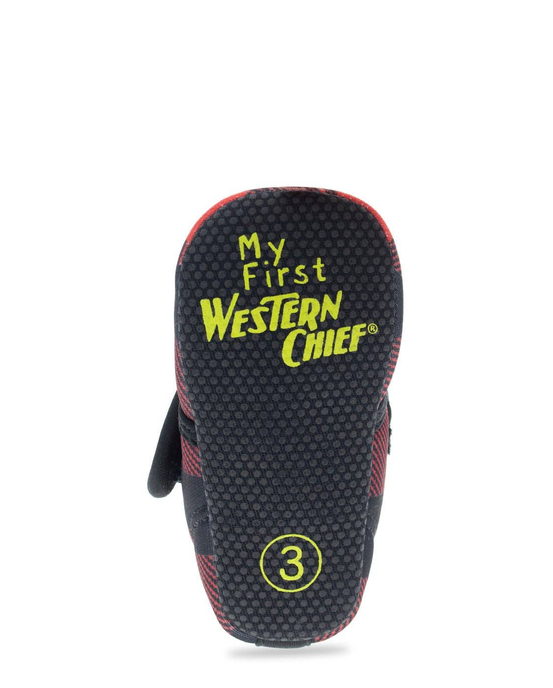 Black sandal with 'My First Western Chief' text on a white background