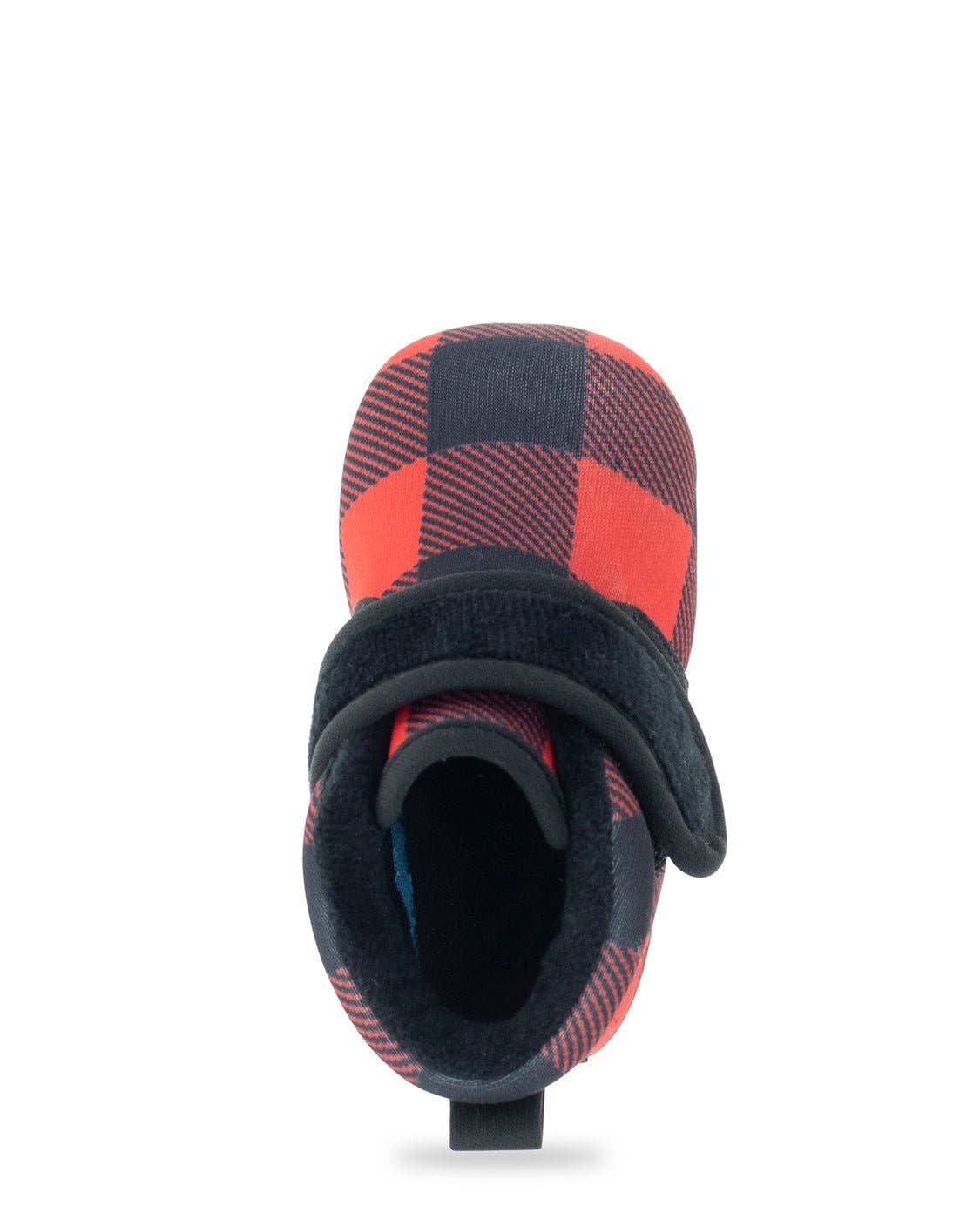 Red and black checkered slipper with black interior on a white background