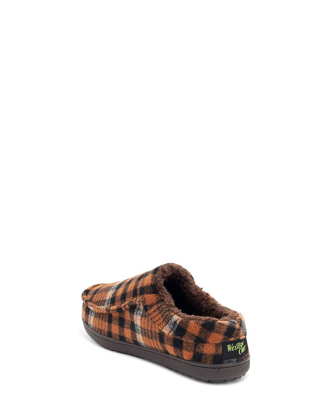 Plaid slipper with brown and orange pattern on a white background