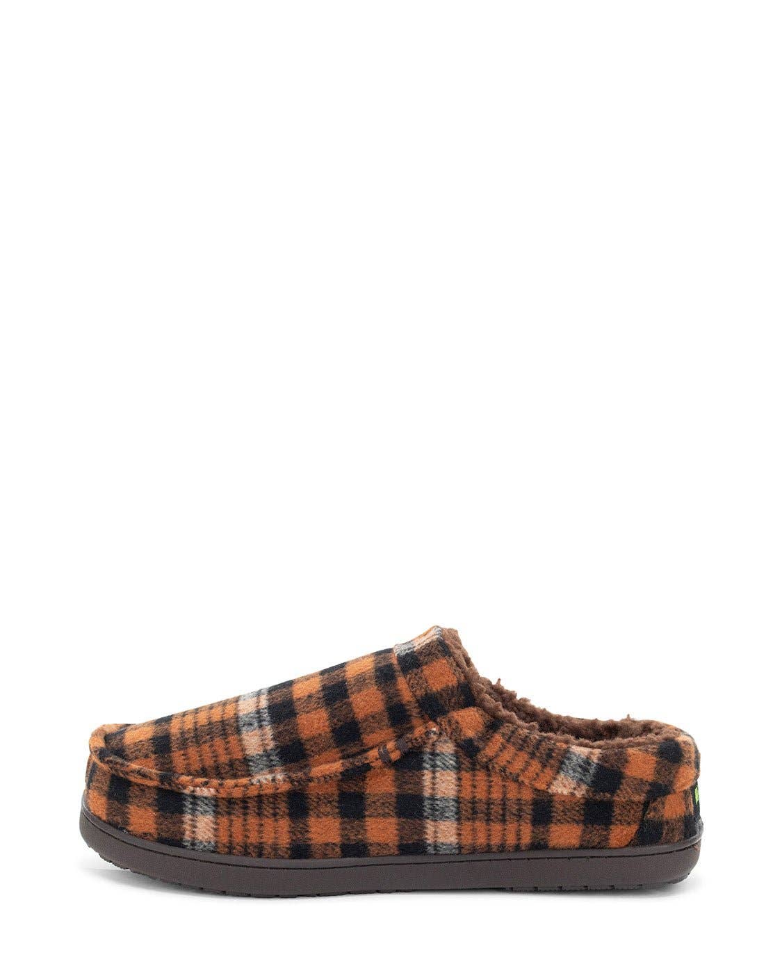 Plaid slipper with brown and black pattern on a white background