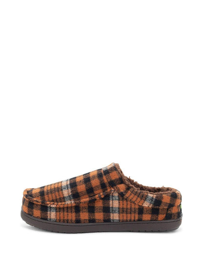 Plaid slipper with brown and black pattern on a white background