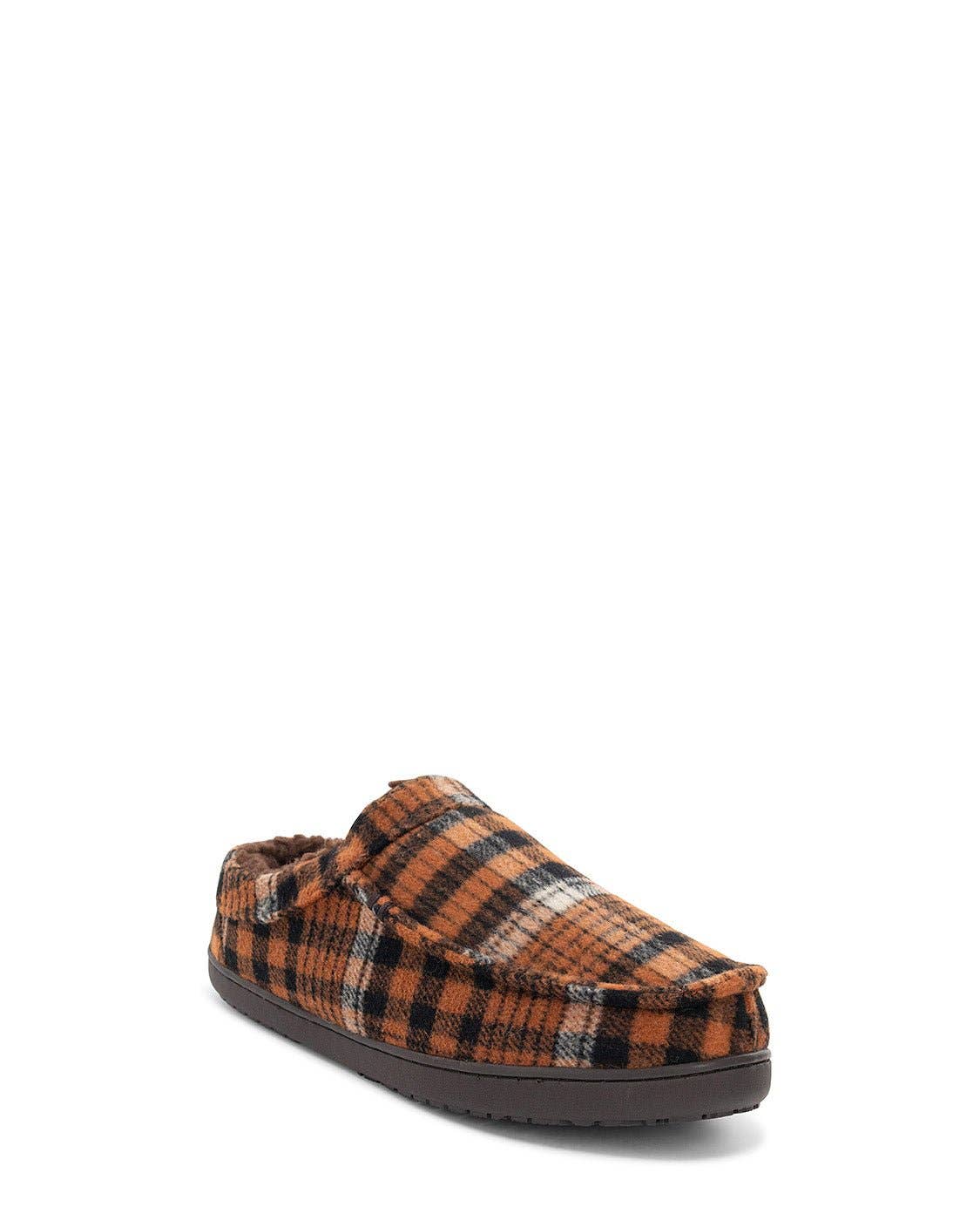 Plaid slipper with brown and black pattern on a white background