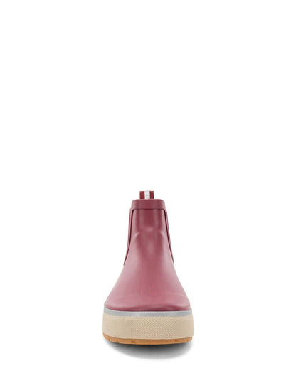 Pink rubber boot with a beige sole on a white background
